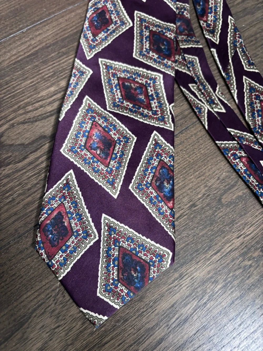 Vintage Christian Dior Maroon Silk Geometric Print Tie